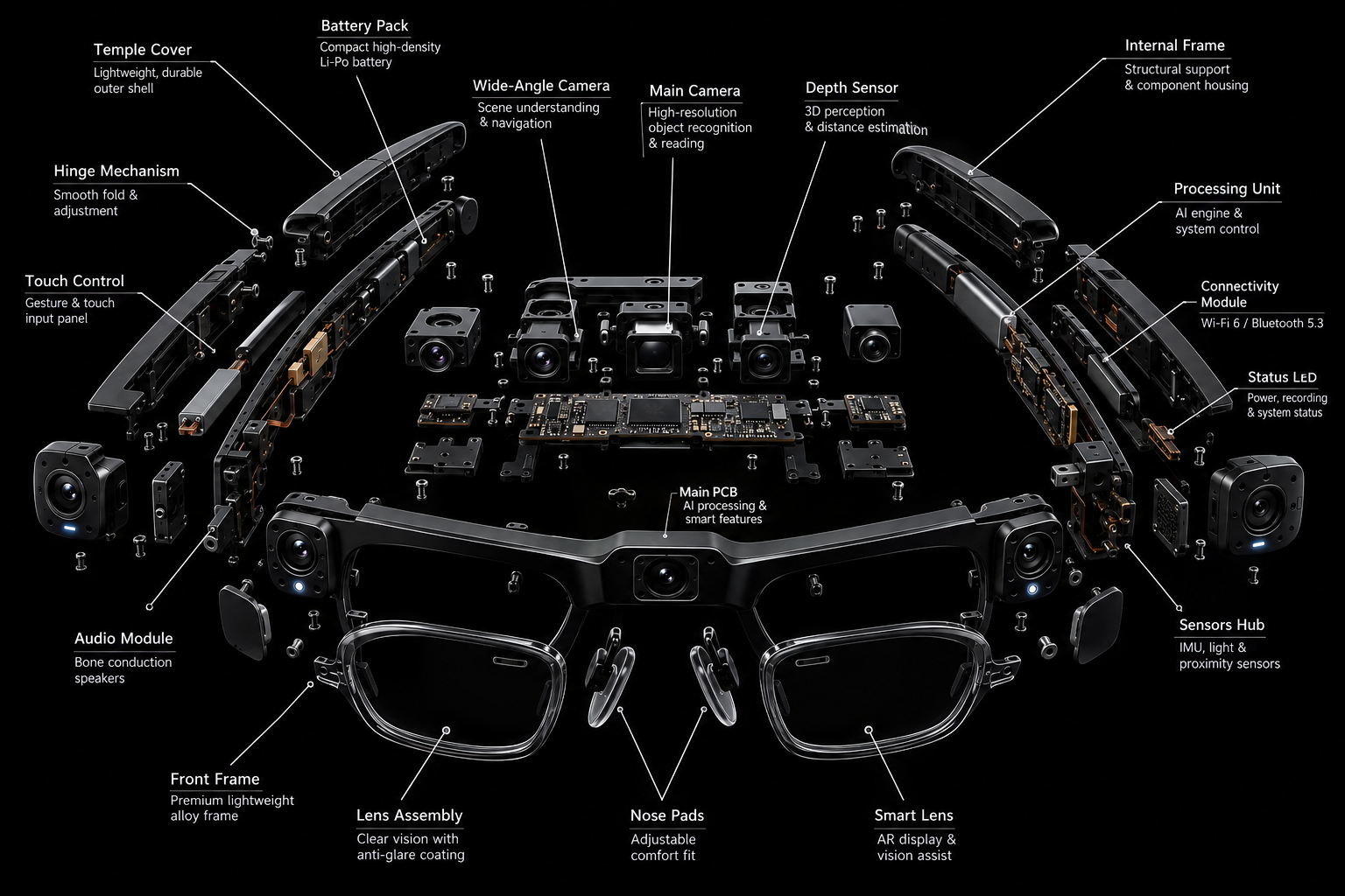 Technical exploded view architecture schematic of NAYAN smart glasses showing labeled internal hardware components.